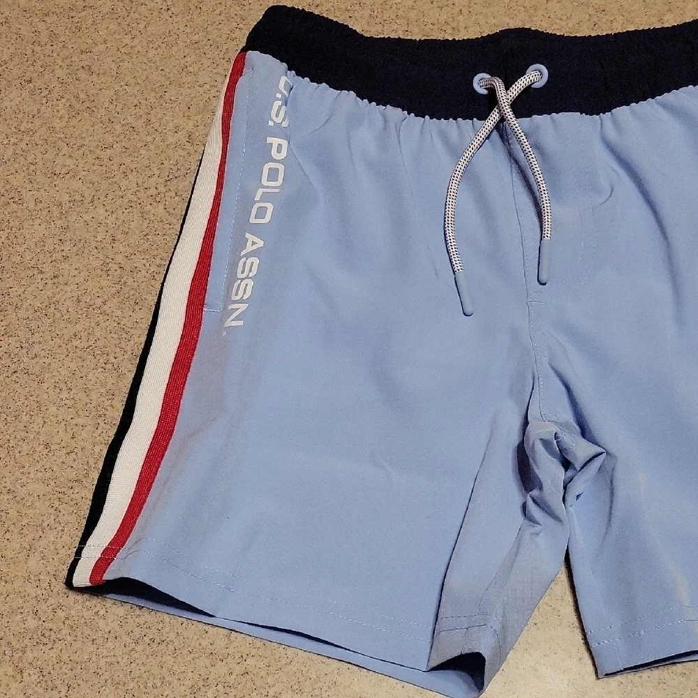 U.S. Polo Assn. Light Blue Swim Trunks with Stripes Size Small 6/7 New With Tags